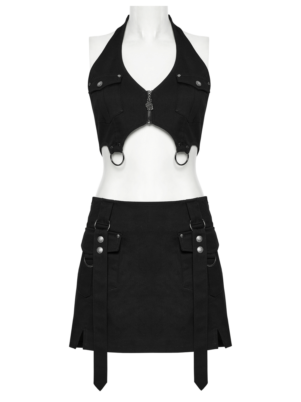 Black Twill Punk Harness Dress with Zipper and Straps - image 7