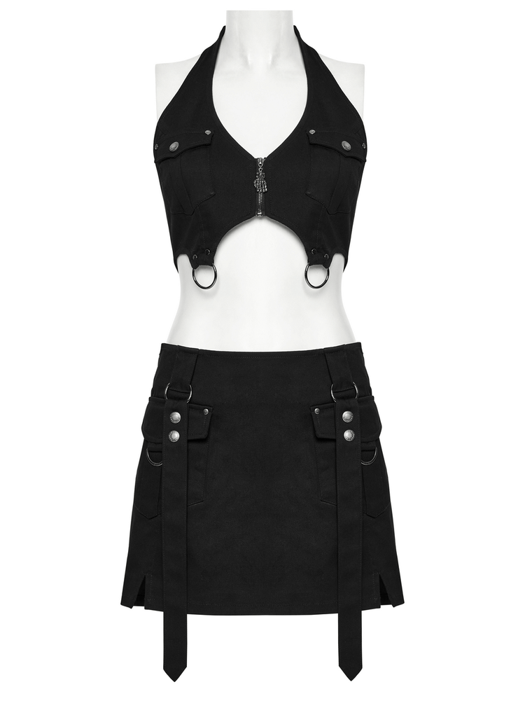 Black Twill Punk Harness Dress with Zipper and Straps - image 7