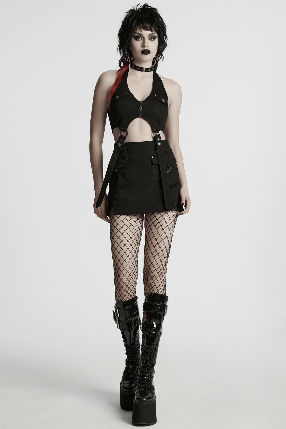US SALE of Black Twill Punk Harness Dress with Zipper and Straps - image 14