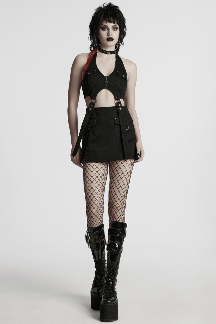US SALE of Black Twill Punk Harness Dress with Zipper and Straps - image 14