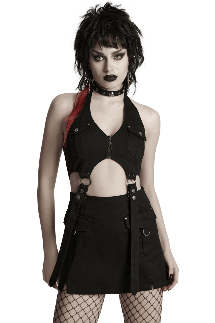 Black Twill Punk Harness Dress with Zipper and Straps - image 1