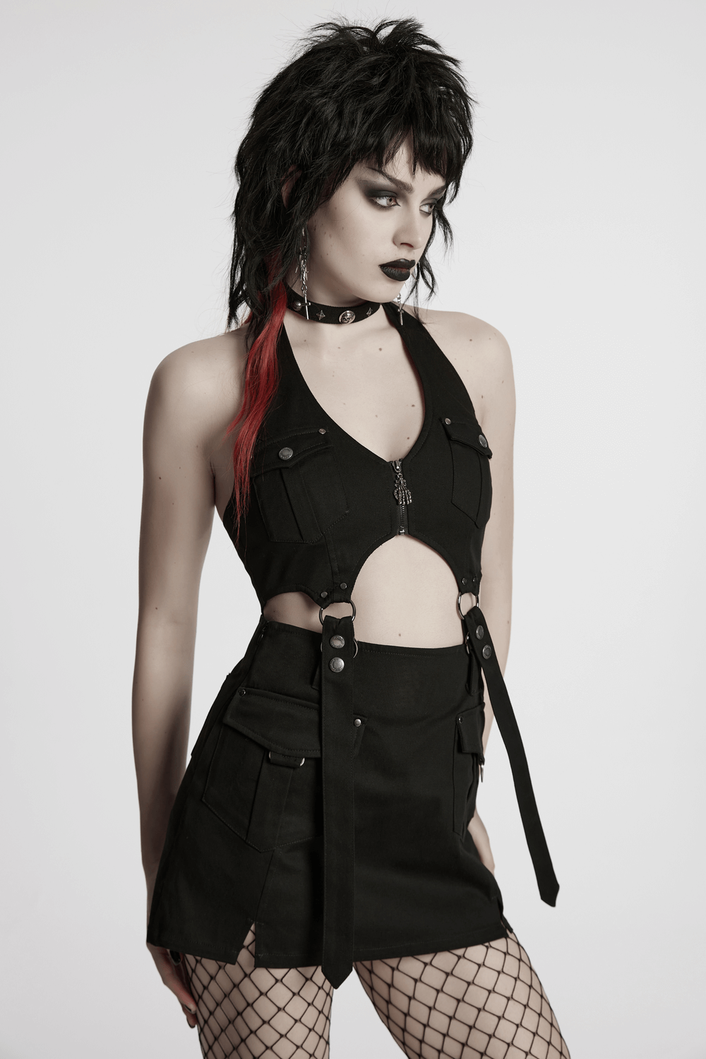 Black Twill Punk Harness Dress with Zipper and Straps - image 12