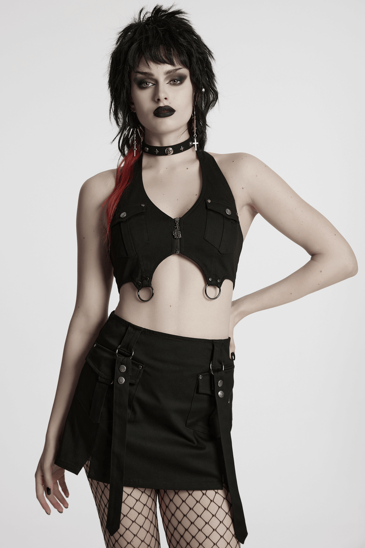 US SALE of Black Twill Punk Harness Dress with Zipper and Straps - image 12
