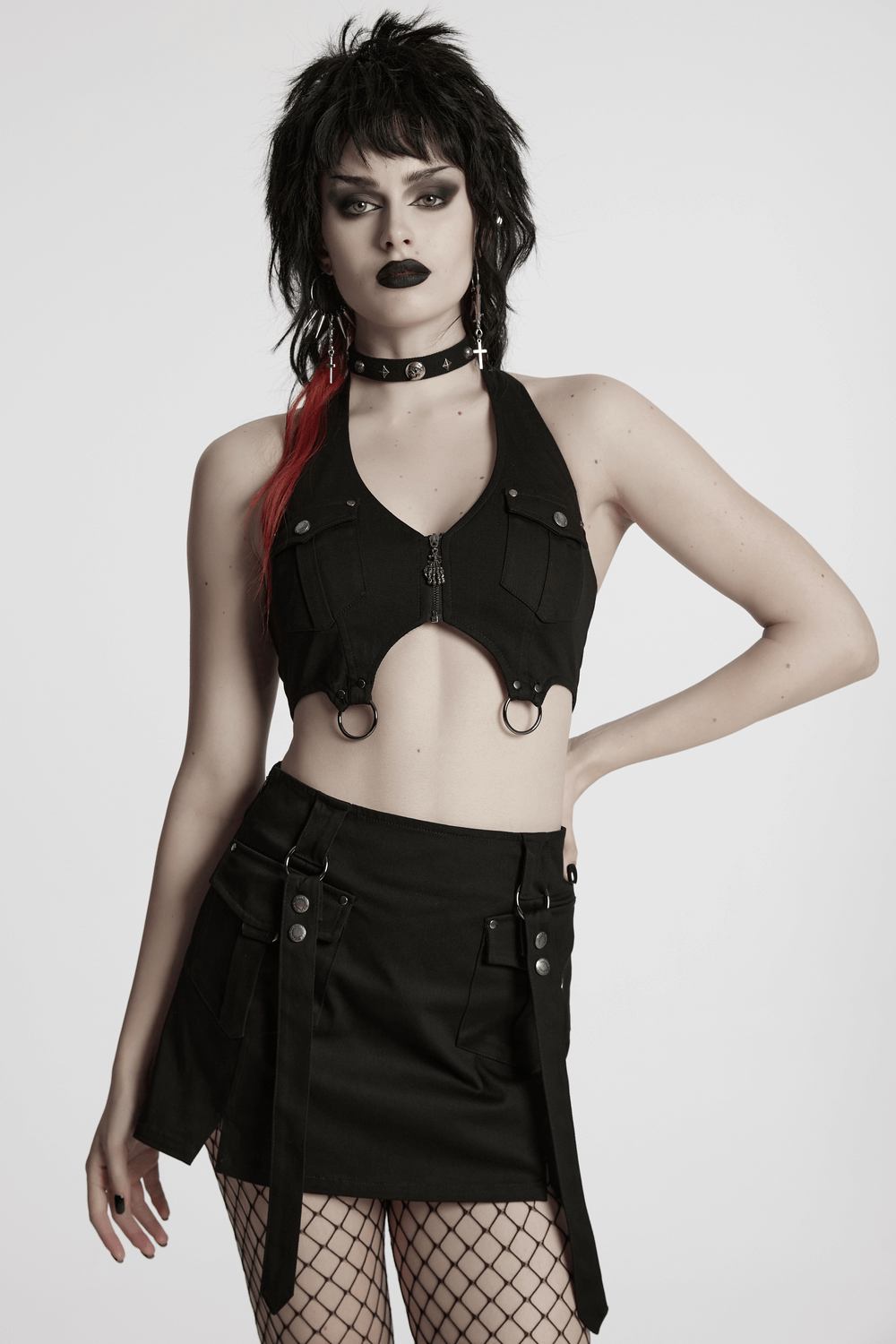 Black Twill Punk Harness Dress with Zipper and Straps - image 13