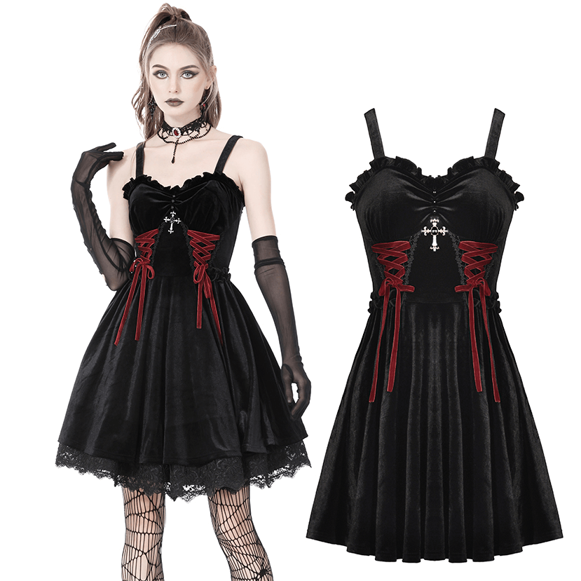 Black Velvet Gothic Mini Dress with Cross Detail - image 3