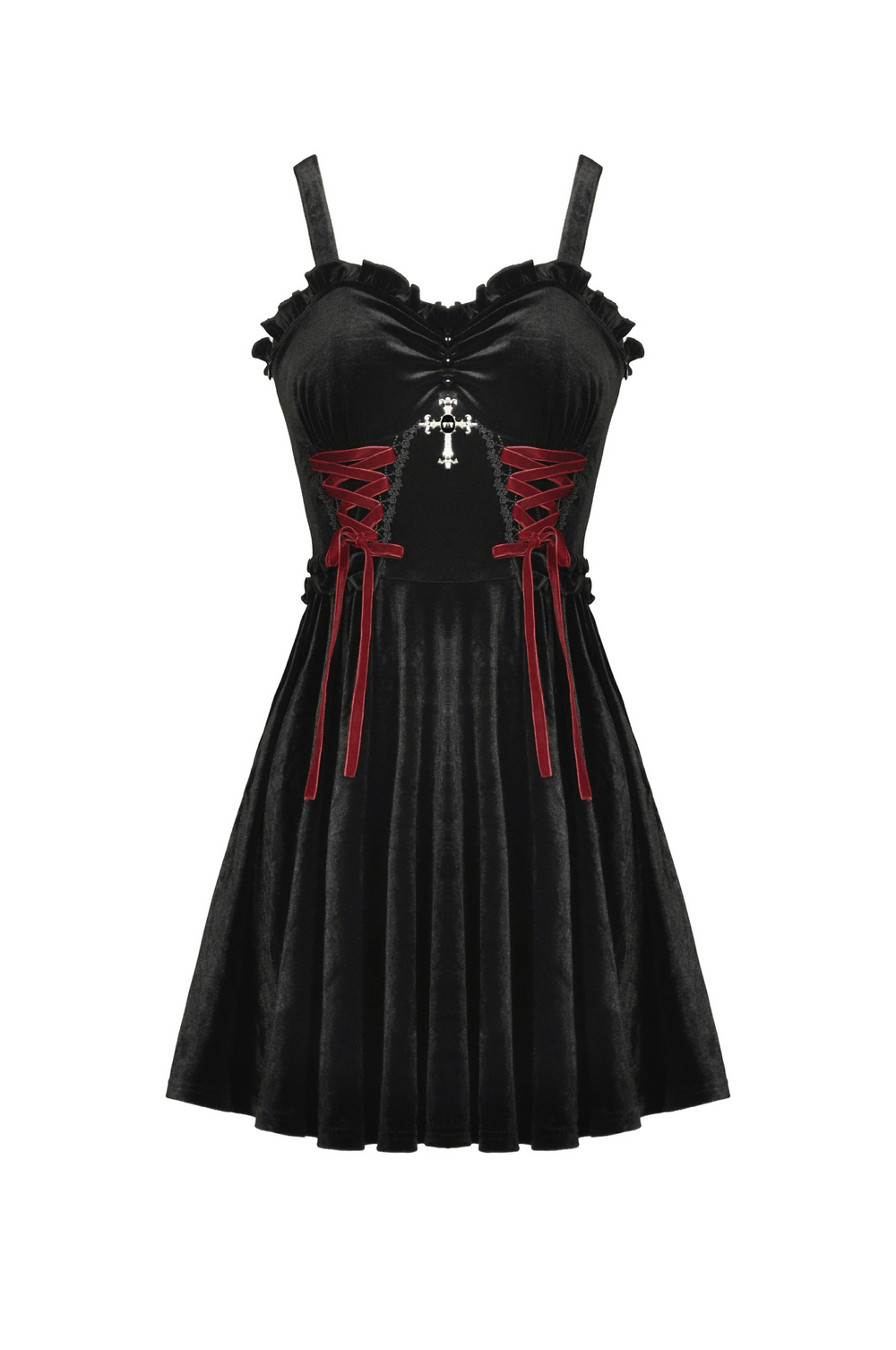 Black Velvet Gothic Mini Dress with Cross Detail - image 4