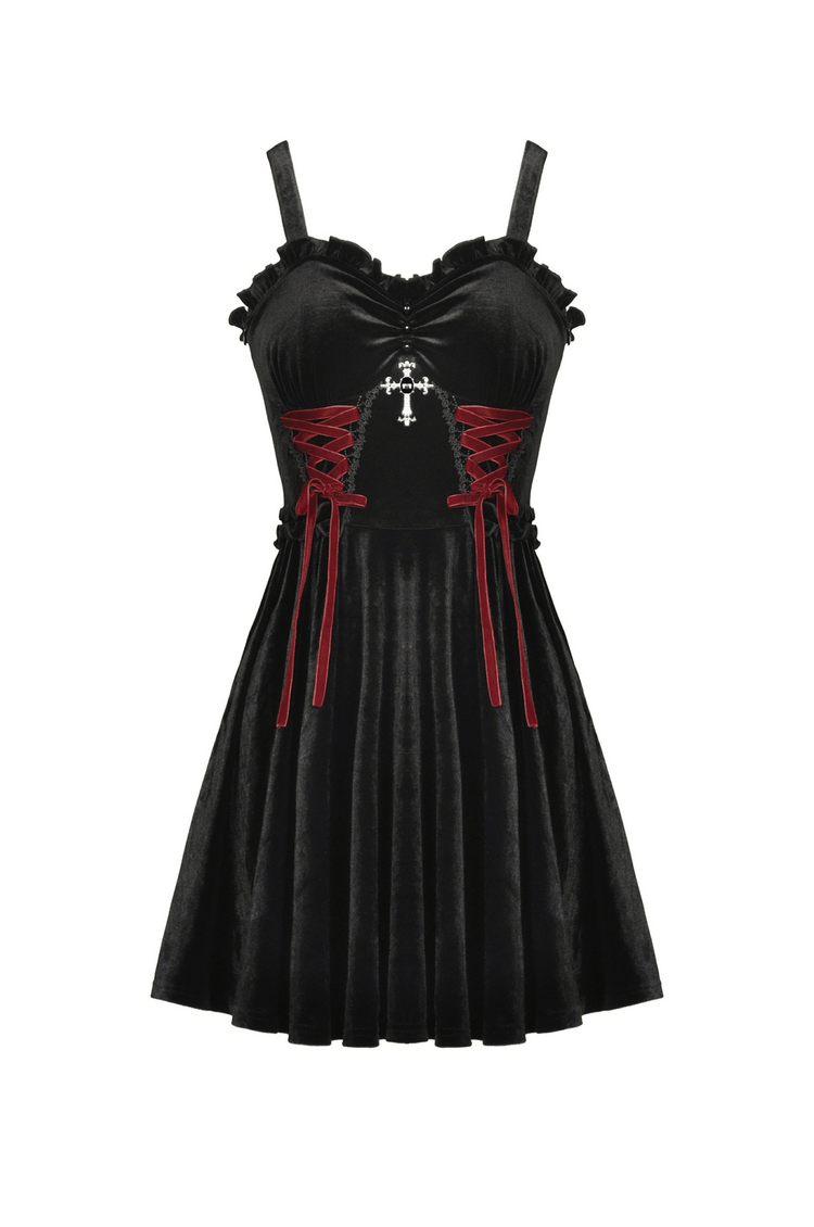 Black Velvet Gothic Mini Dress with Cross Detail - image 4