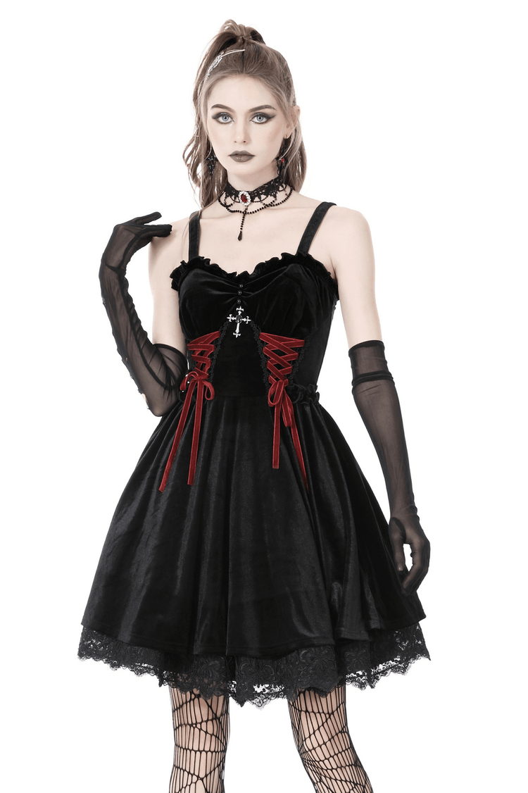 Black Velvet Gothic Mini Dress with Cross Detail - image 1