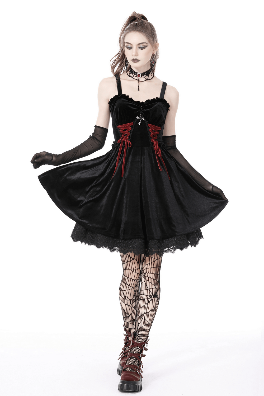 Black Velvet Gothic Mini Dress with Cross Detail - image 12