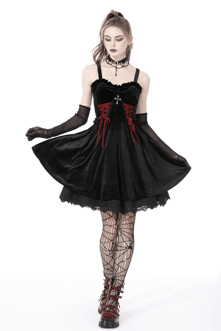 Black Velvet Gothic Mini Dress with Cross Detail - image 12