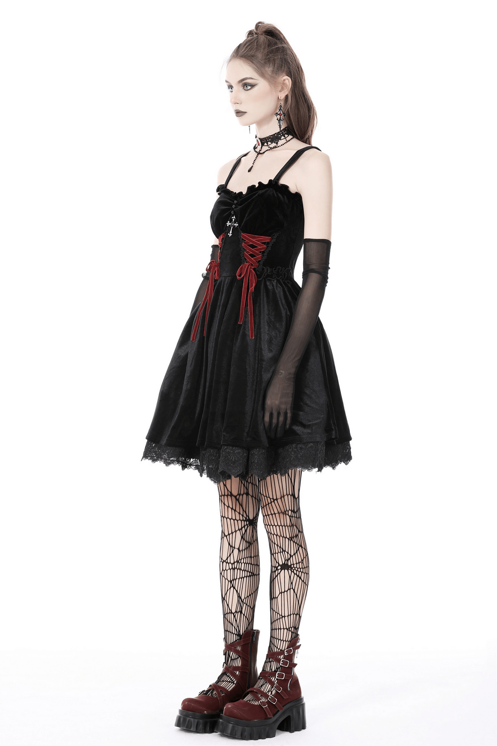 Black Velvet Gothic Mini Dress with Cross Detail - image 13