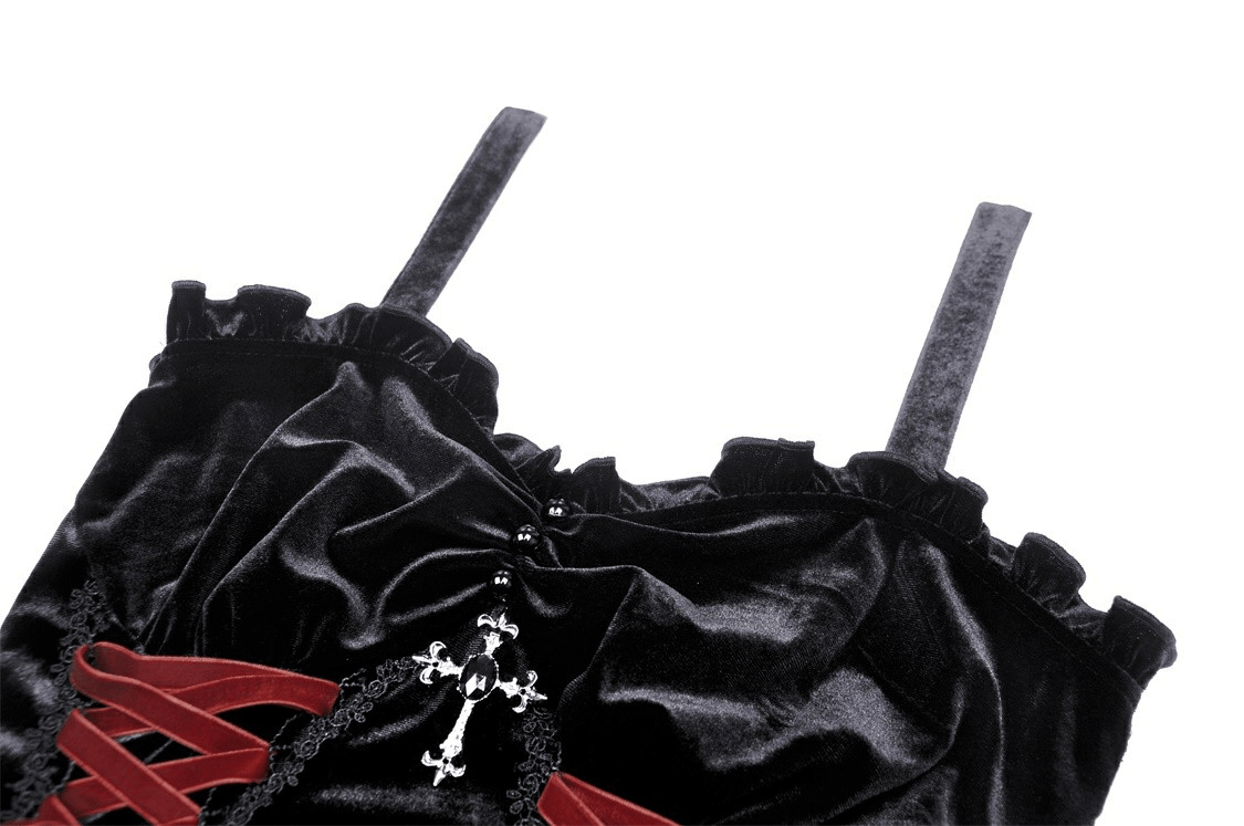 Black Velvet Gothic Mini Dress with Cross Detail - image 6