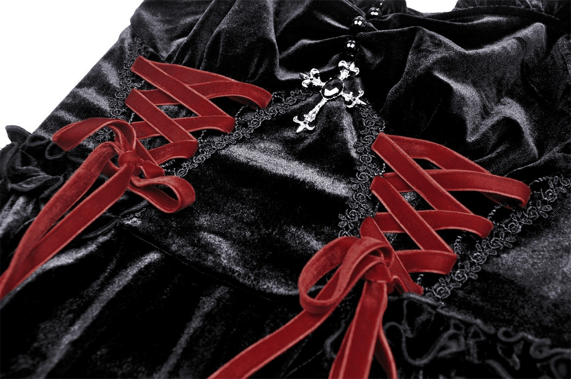 Black Velvet Gothic Mini Dress with Cross Detail - image 7