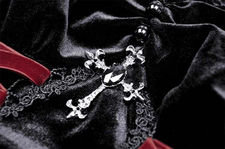 Black Velvet Gothic Mini Dress with Cross Detail - image 8