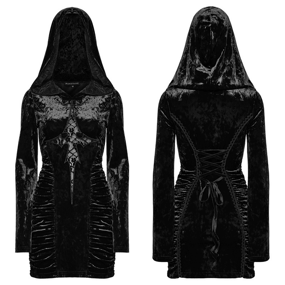 Black Velvet Lace Cross Dress with Hood and Ruched Waist - image 3