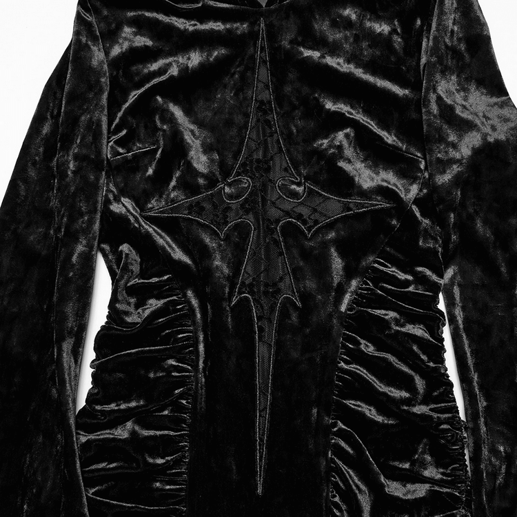 Black Velvet Lace Cross Dress with Hood and Ruched Waist - image 8