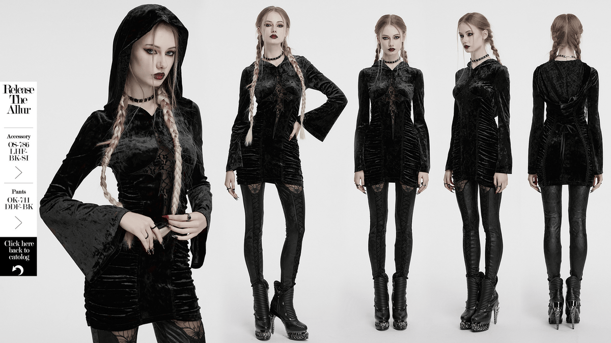 Black Velvet Lace Cross Dress with Hood and Ruched Waist - image 15