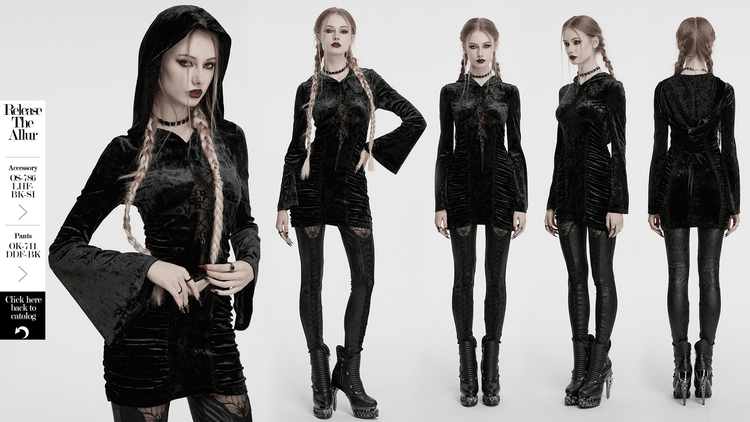 Black Velvet Lace Cross Dress with Hood and Ruched Waist - image 15
