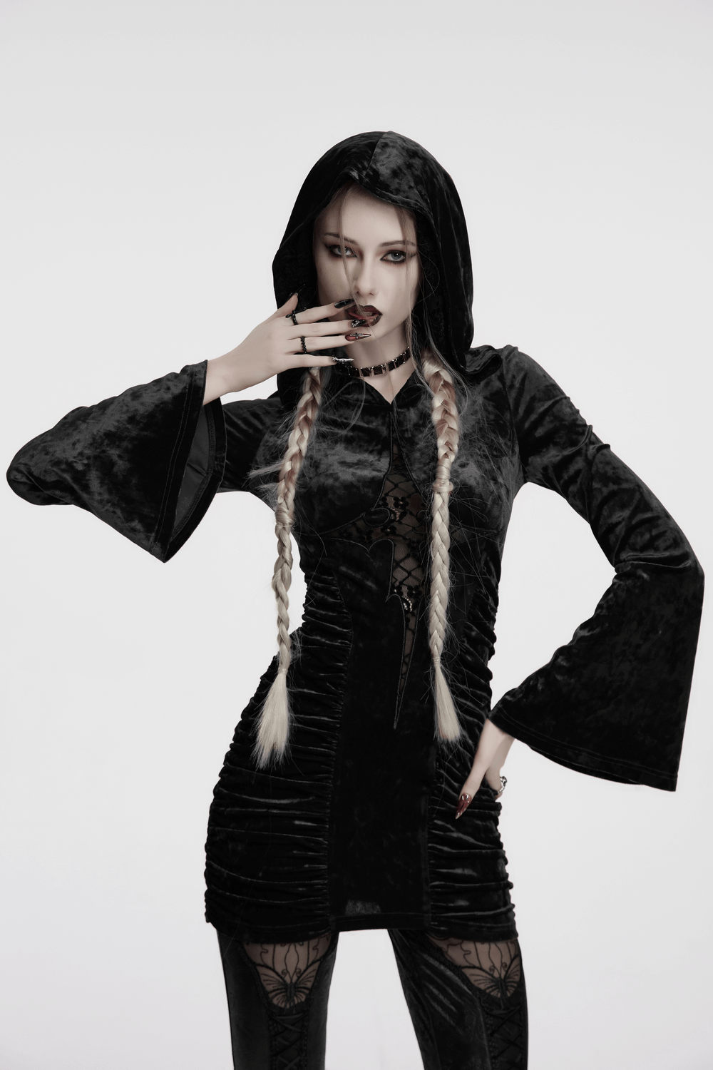 Black Velvet Lace Cross Dress with Hood and Ruched Waist - image 12