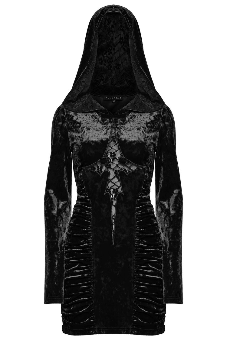 Black Velvet Lace Cross Dress with Hood and Ruched Waist - image 4