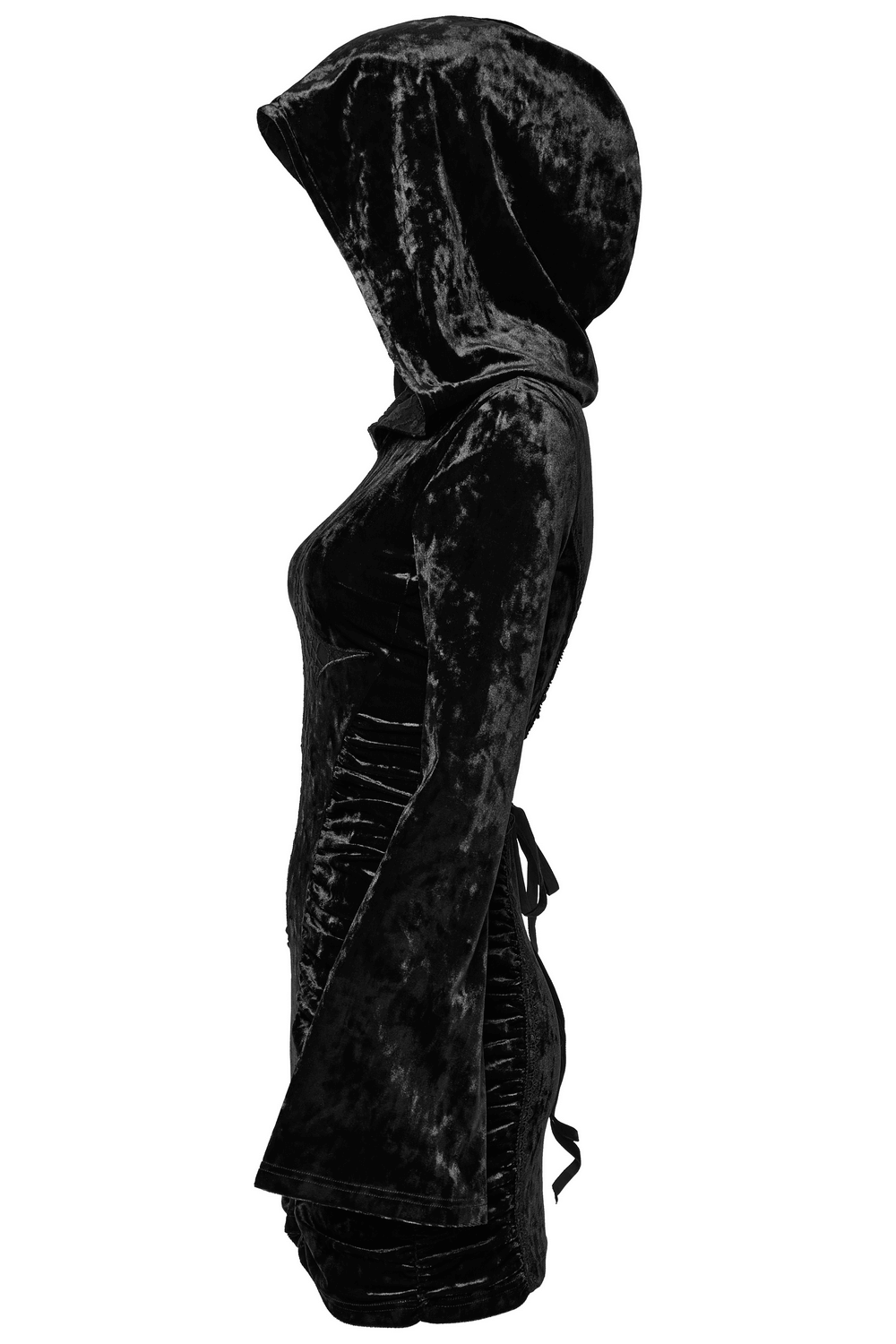 Black Velvet Lace Cross Dress with Hood and Ruched Waist - image 5
