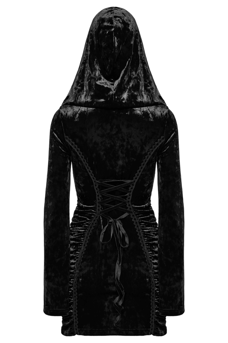Black Velvet Lace Cross Dress with Hood and Ruched Waist - image 6