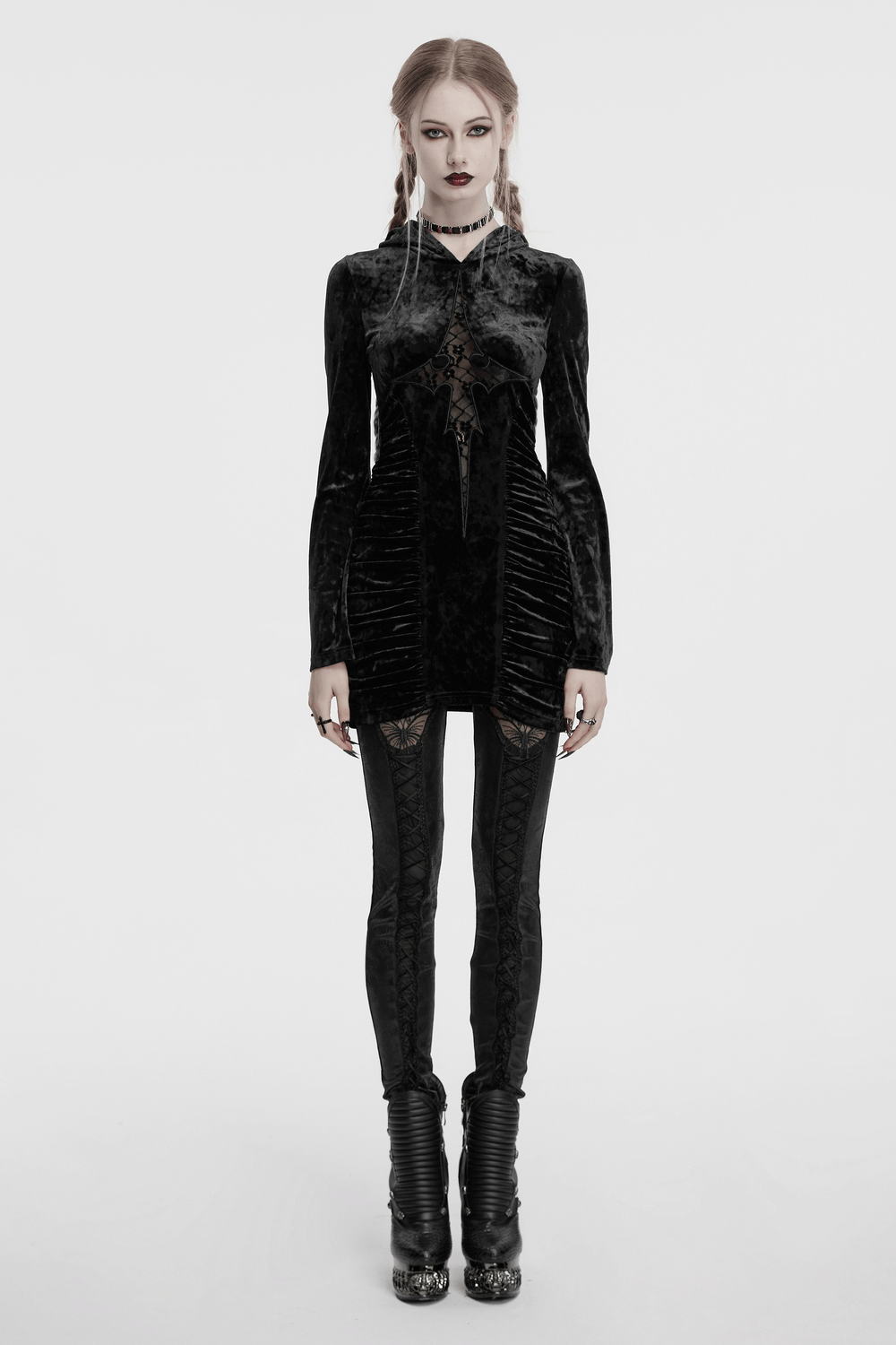 Black Velvet Lace Cross Dress with Hood and Ruched Waist - image 13