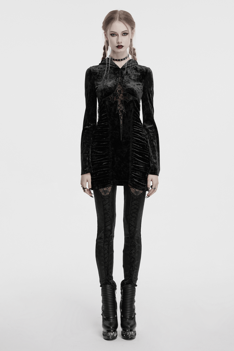 Black Velvet Lace Cross Dress with Hood and Ruched Waist - image 13