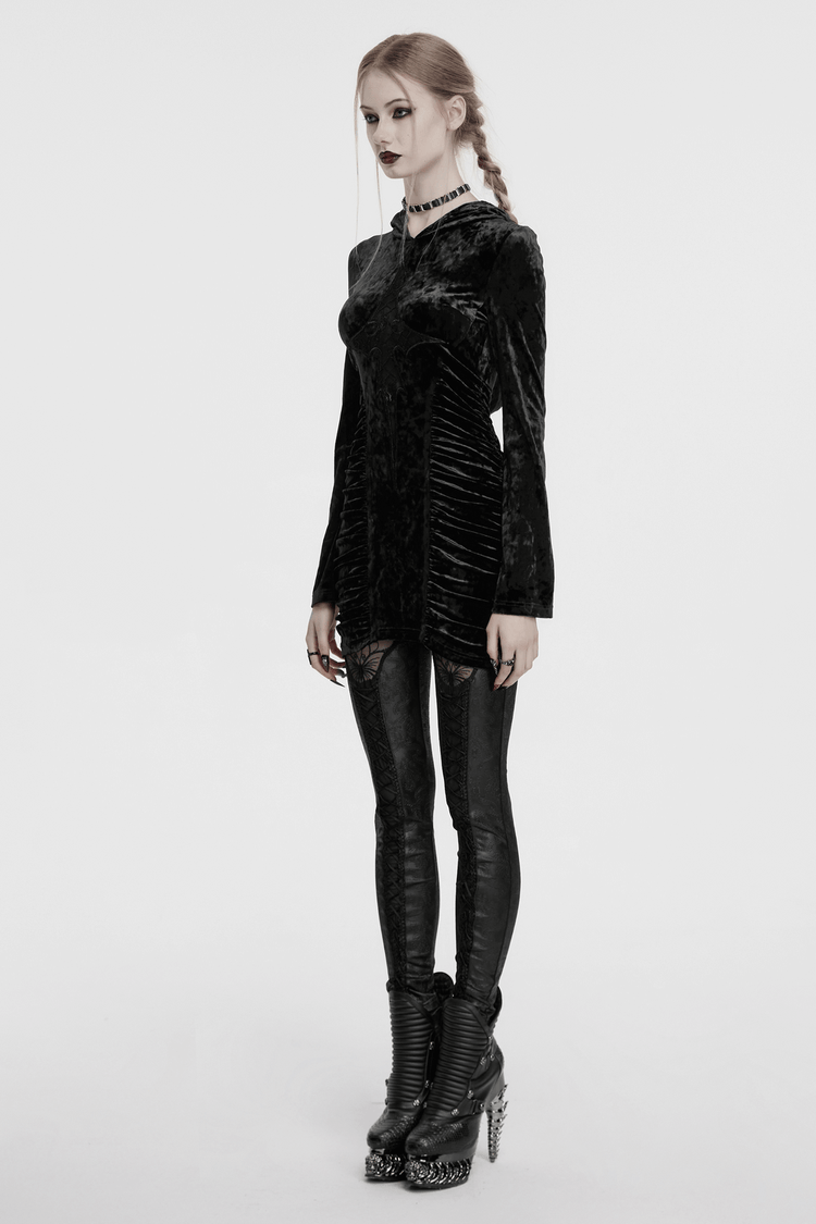 Black Velvet Lace Cross Dress with Hood and Ruched Waist - image 14