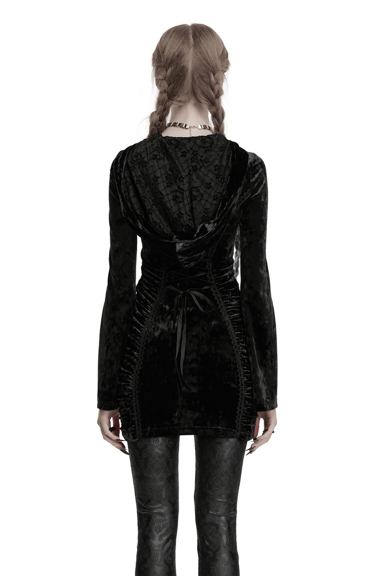 Black Velvet Lace Cross Dress with Hood and Ruched Waist - image 2