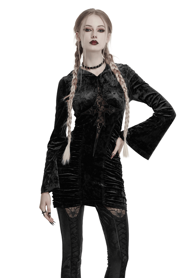 Black Velvet Lace Cross Dress with Hood and Ruched Waist - image 11
