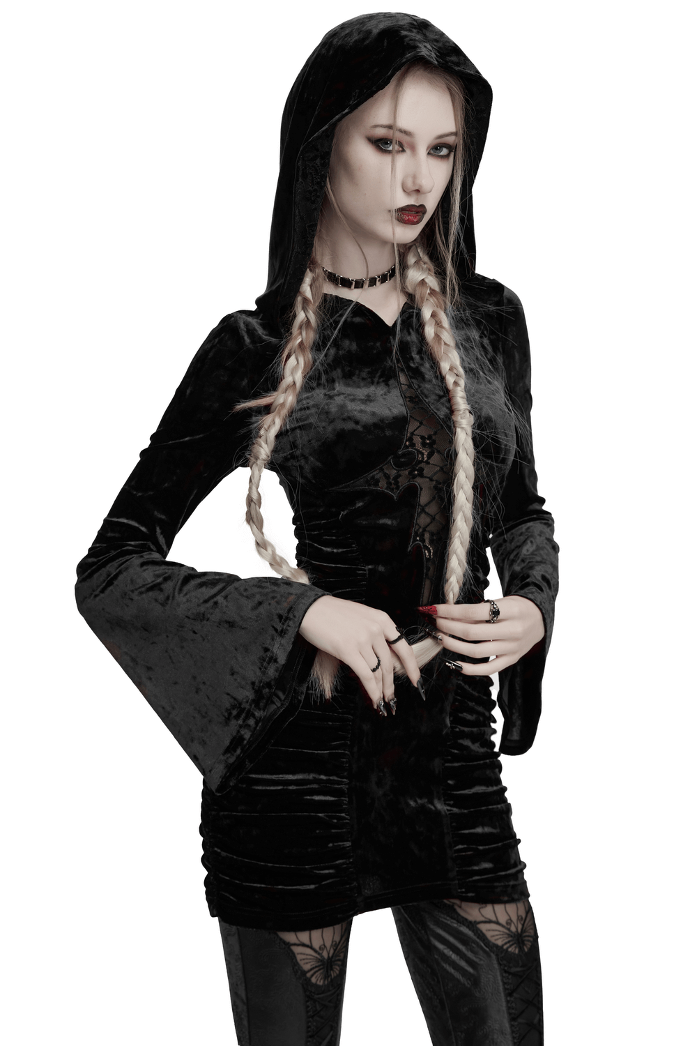 Black Velvet Lace Cross Dress with Hood and Ruched Waist - image 1