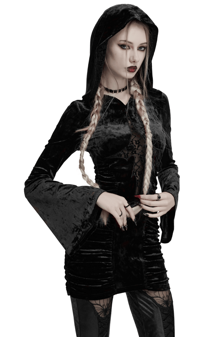 Black Velvet Lace Cross Dress with Hood and Ruched Waist - image 1
