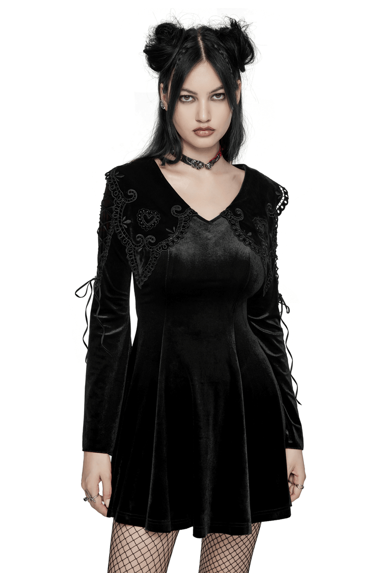 Black Velvet Lace-Up Dress with Gothic Applique Details - image 1