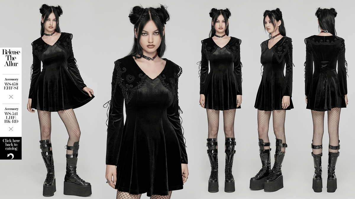 Black Velvet Lace-Up Dress with Gothic Applique Details - image 14