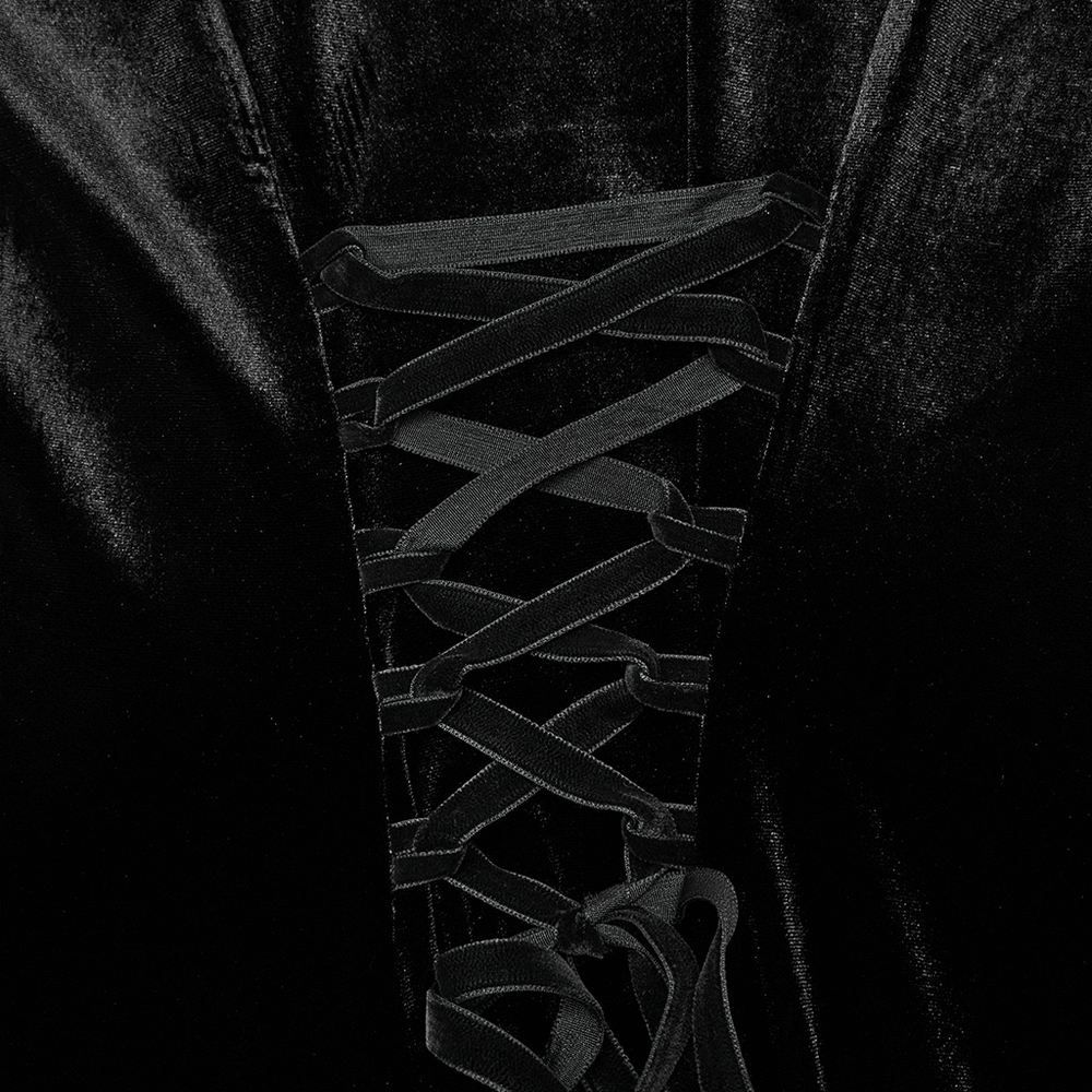 Black Velvet Lace-Up Dress with Gothic Applique Details - image 9