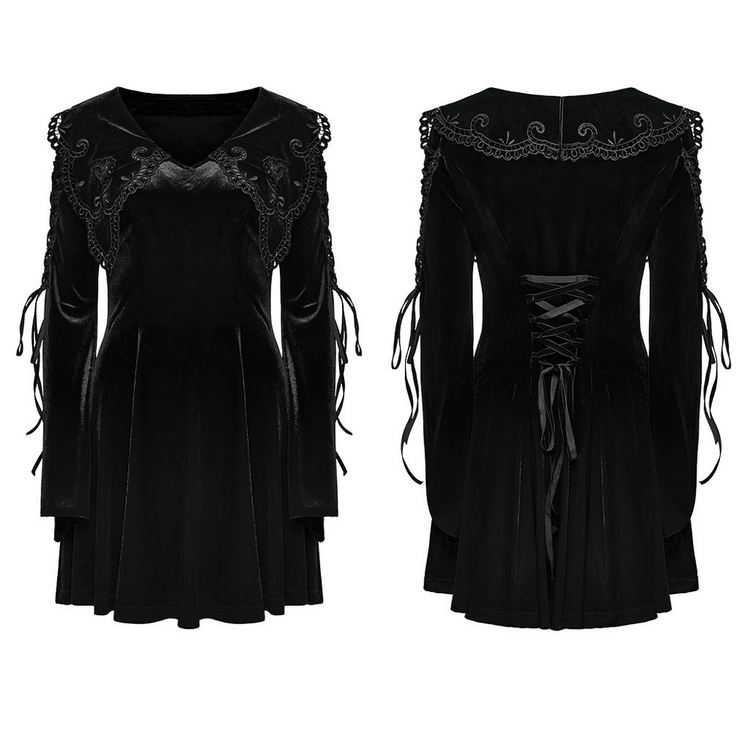 Black Velvet Lace-Up Dress with Gothic Applique Details - image 3
