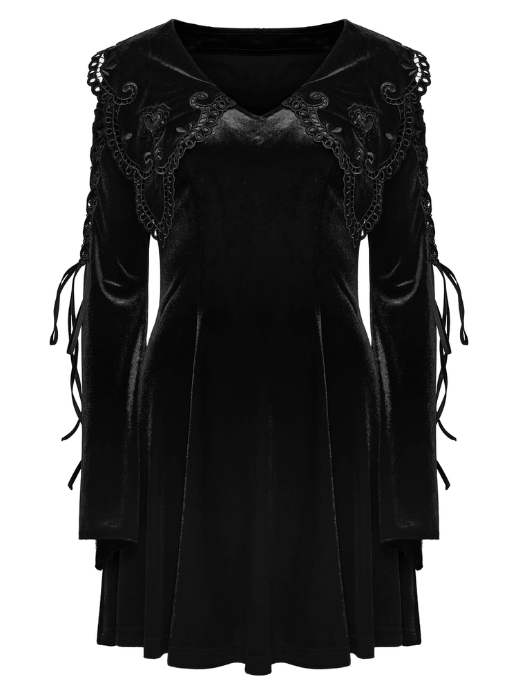 Black Velvet Lace-Up Dress with Gothic Applique Details - image 4
