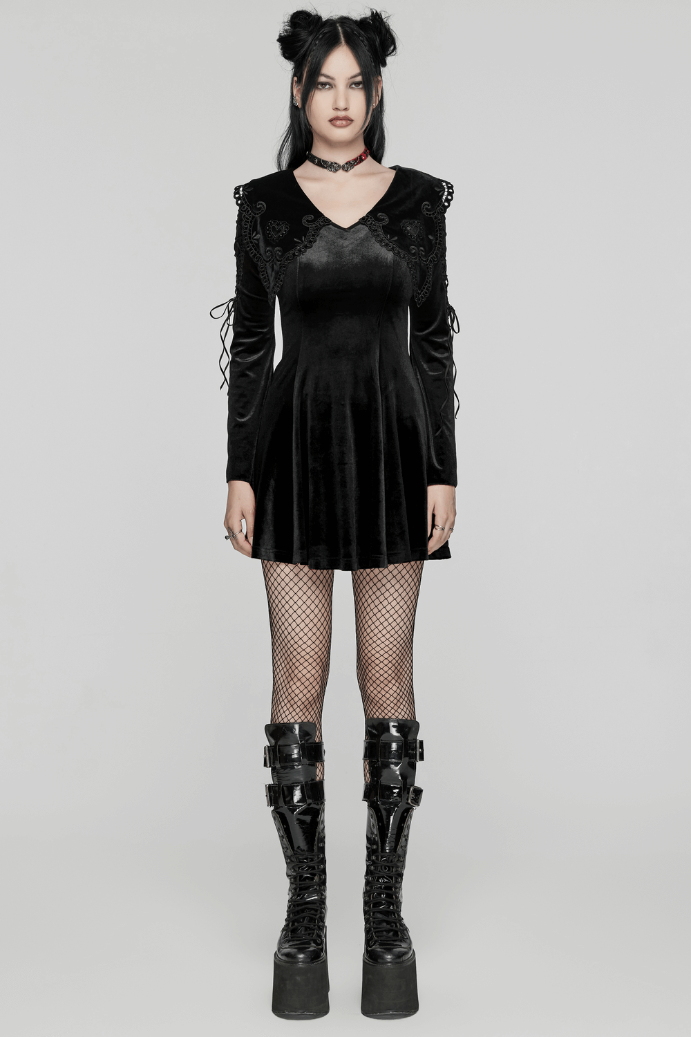 Black Velvet Lace-Up Dress with Gothic Applique Details - image 11