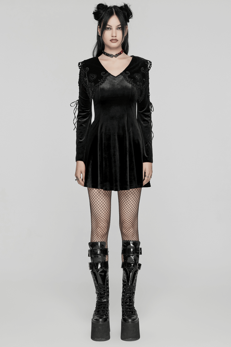 Black Velvet Lace-Up Dress with Gothic Applique Details - image 11