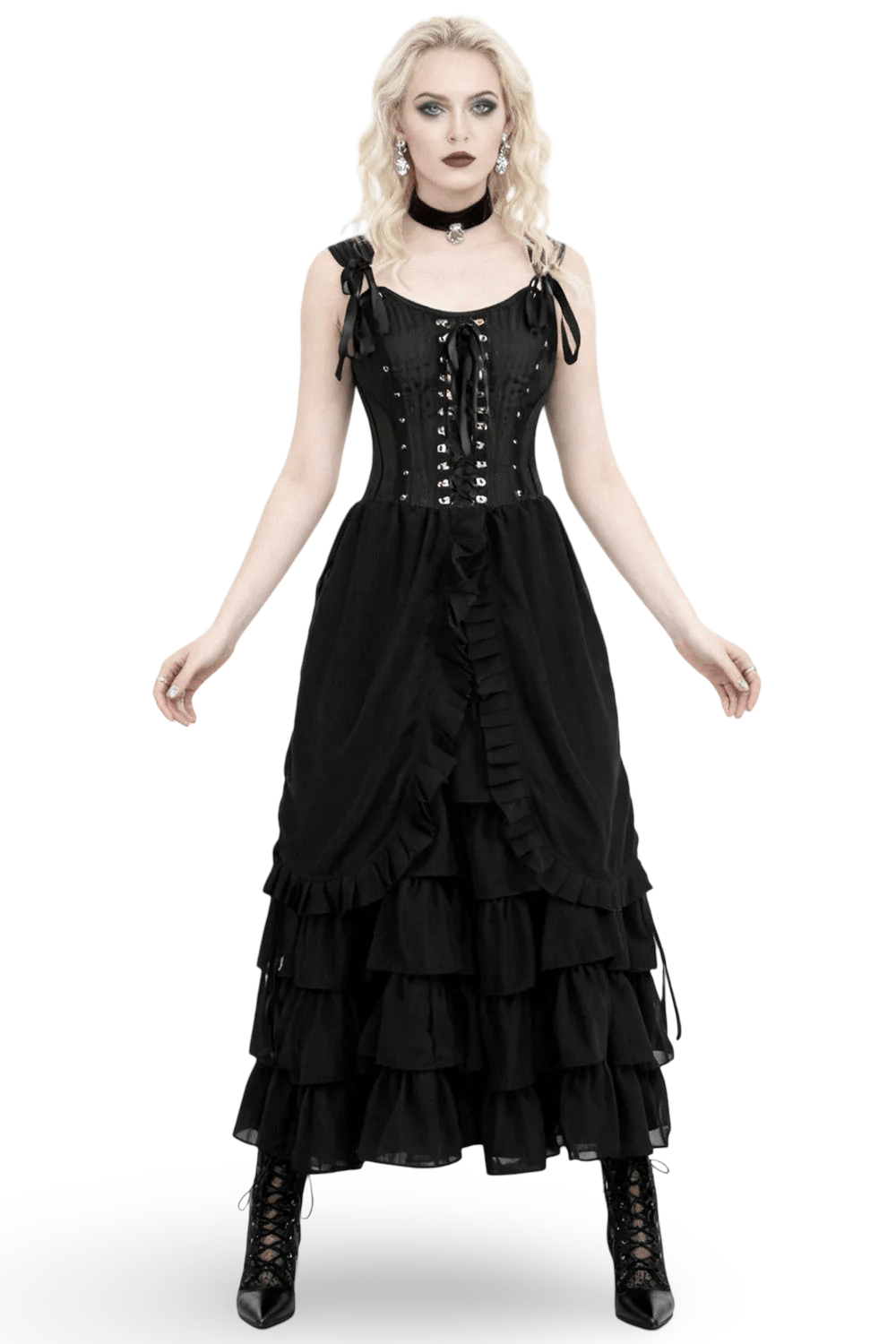Black Victorian Corset Dress with Tiered Gothic Ruffle Skirt - image 1