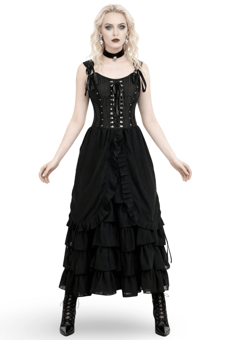 Black Victorian Corset Dress with Tiered Gothic Ruffle Skirt - image 1