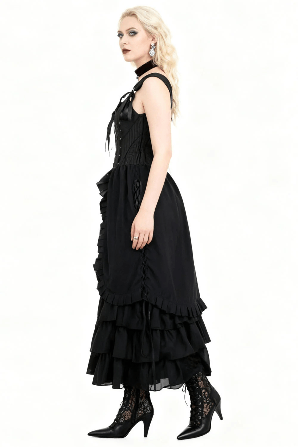 Black Victorian Corset Dress with Tiered Gothic Ruffle Skirt - image 6
