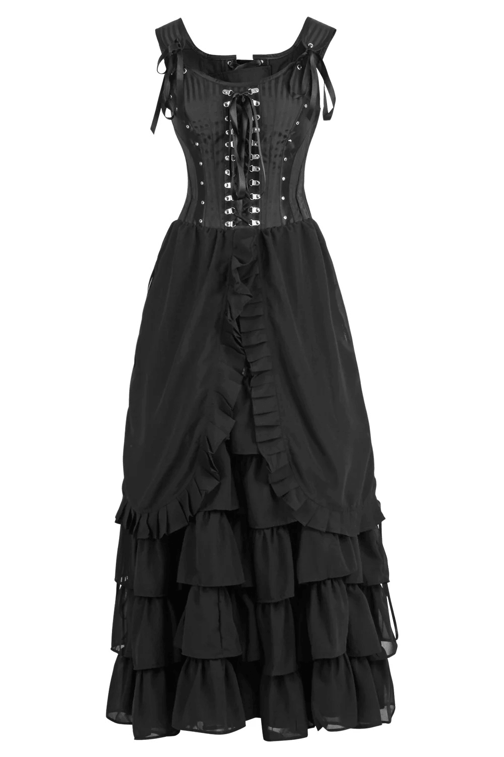Black Victorian Corset Dress with Tiered Gothic Ruffle Skirt - image 3