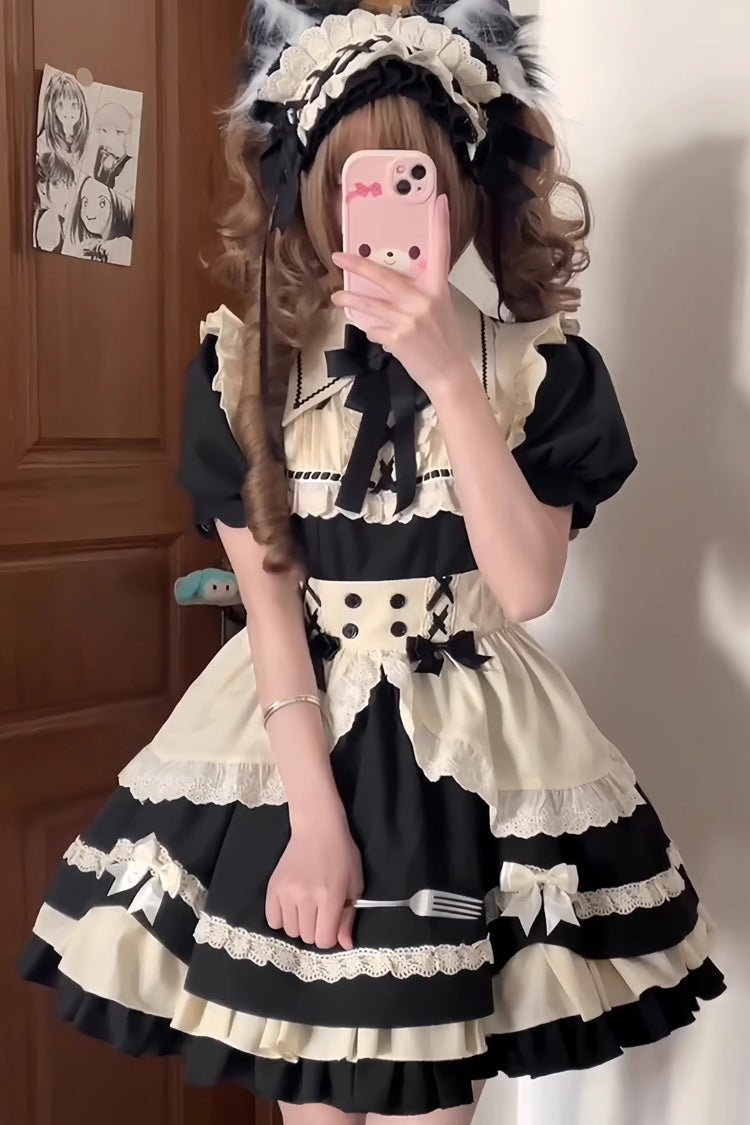 Black/White Short Sleeves Triple-Layered Ruffle Bowknot Lace Sweet Plus Size Maid Lolita Dress Set - image 3