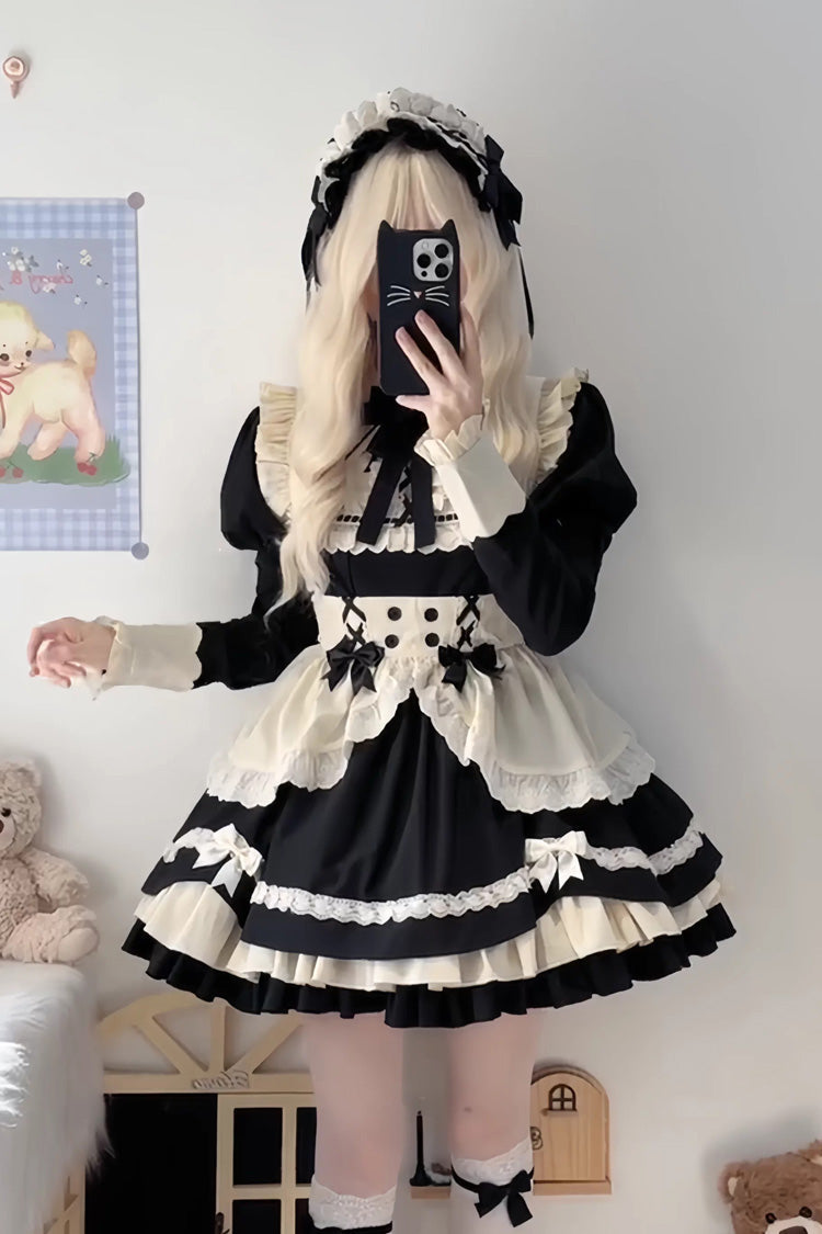 Black/White Short Sleeves Triple-Layered Ruffle Bowknot Lace Sweet Plus Size Maid Lolita Dress Set - image 10