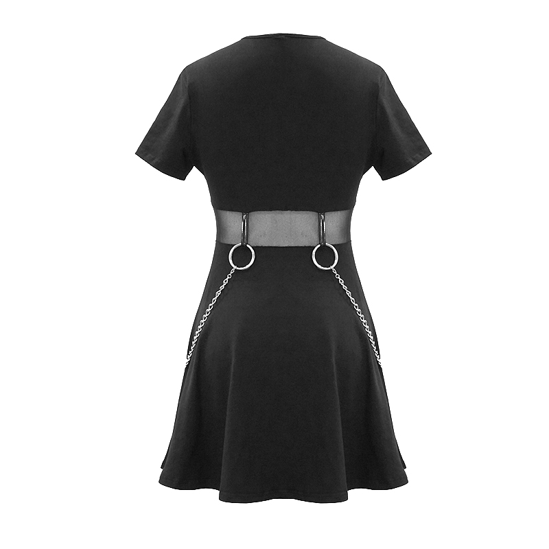 Black Women Gothic Punk Short Dress / Casual Female Short Sleeve Dresses with Chain - image 6