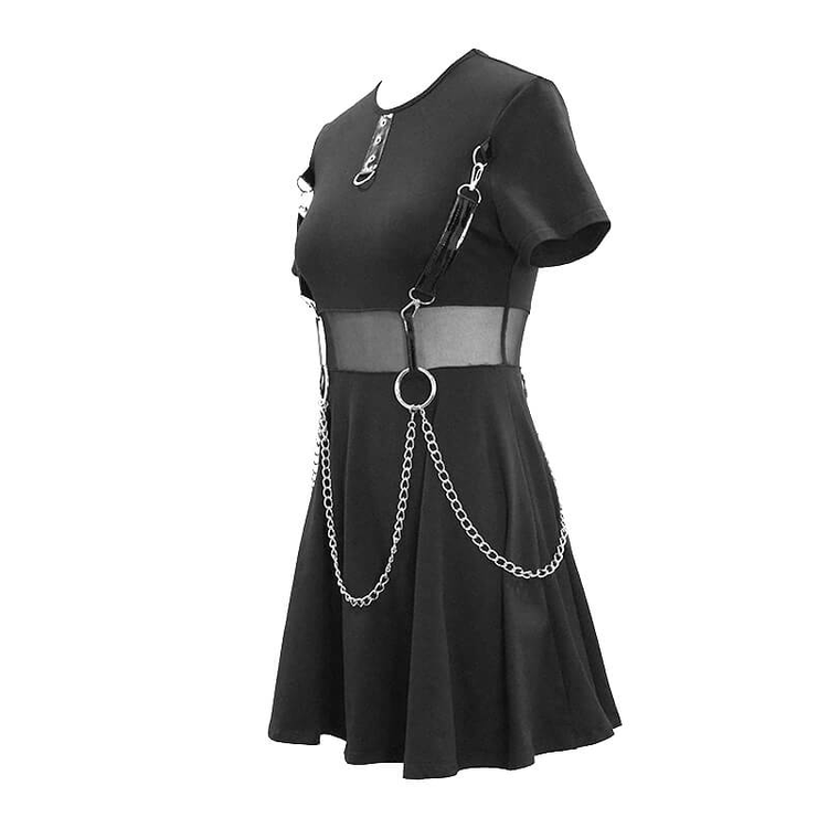 Black Women Gothic Punk Short Dress / Casual Female Short Sleeve Dresses with Chain - image 5