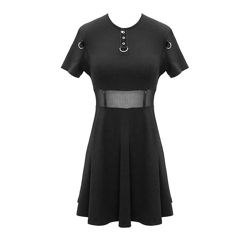 Black Women Gothic Punk Short Dress / Casual Female Short Sleeve Dresses with Chain - image 3