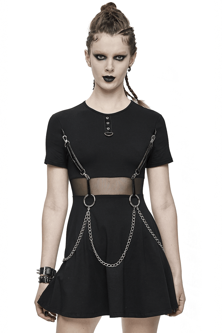 Black Women Gothic Punk Short Dress / Casual Female Short Sleeve Dresses with Chain - image 1
